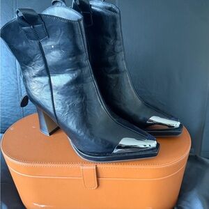 Black faux Leather Ankle Boots with Silver Accents